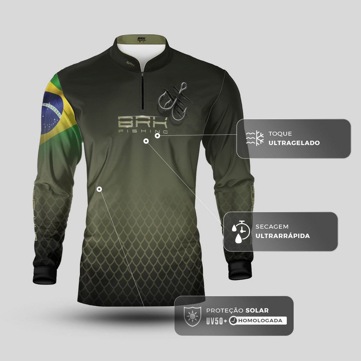 Camisa de Pesca Brk Verde Escamas Bandeira do Brasil Garateia com Proteção UV50+ - Brk Fishing