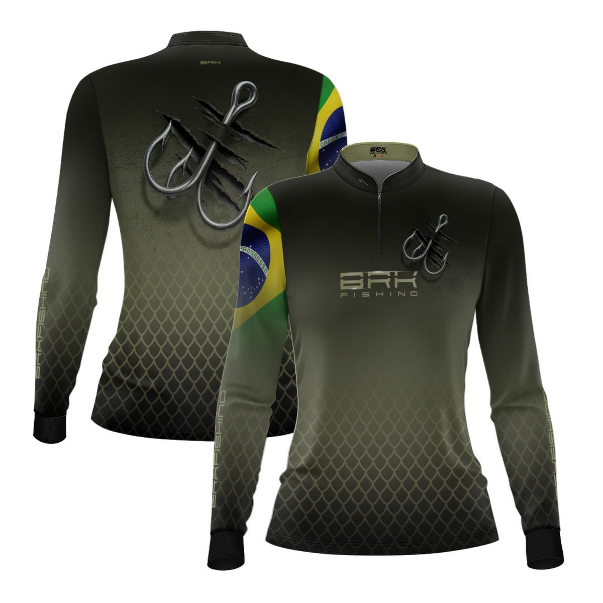 Camisa de Pesca Feminina Brk Verde Escamas Bandeira do Brasil Garateia com Proteção UV50+ - Brk Fishing