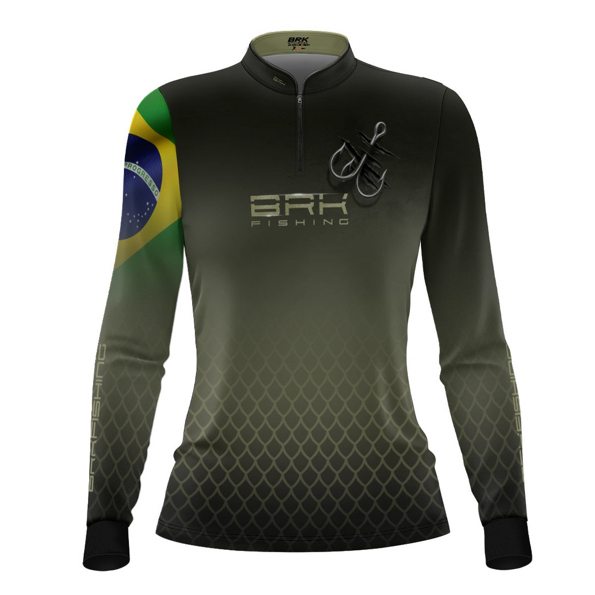 Camisa de Pesca Feminina Brk Verde Escamas Bandeira do Brasil Garateia com Proteção UV50+ - Brk Fishing