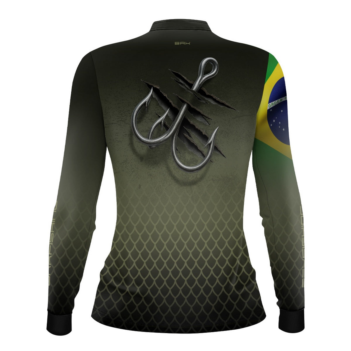 Camisa de Pesca Feminina Brk Verde Escamas Bandeira do Brasil Garateia com Proteção UV50+ - Brk Fishing