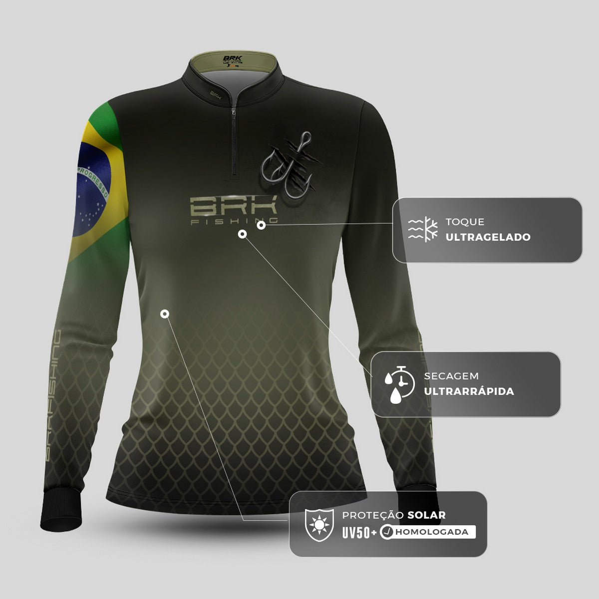 Camisa de Pesca Feminina Brk Verde Escamas Bandeira do Brasil Garateia com Proteção UV50+ - Brk Fishing