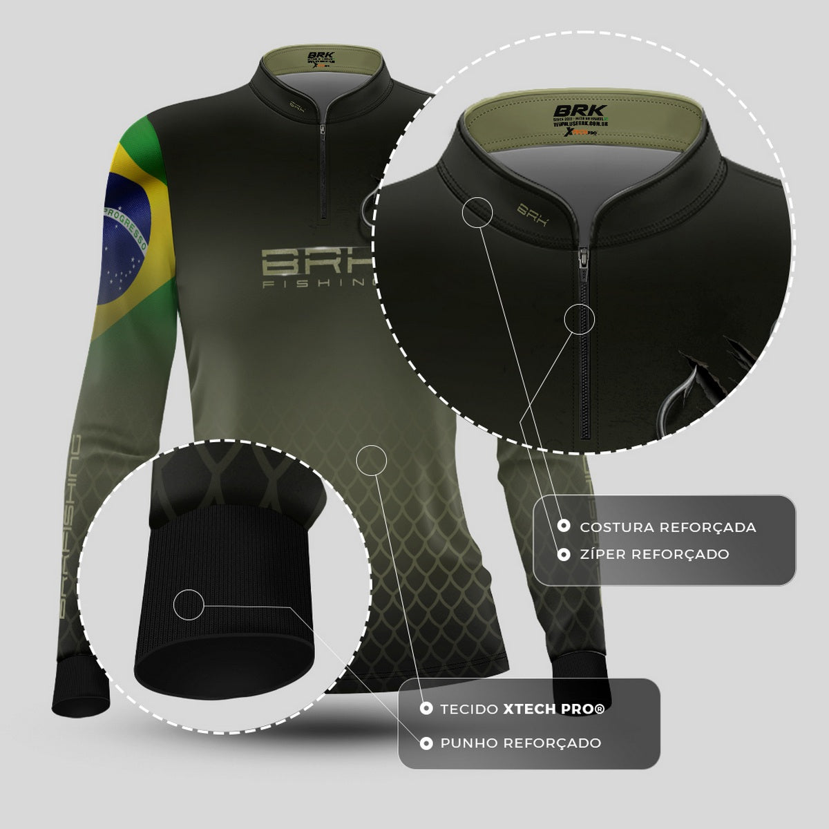Camisa de Pesca Feminina Brk Verde Escamas Bandeira do Brasil Garateia com Proteção UV50+ - Brk Fishing