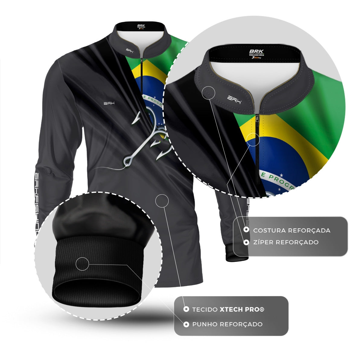 Camisa de Pesca Brk Cinza Bandeira do Brasil Garateia com Proteção UV50+