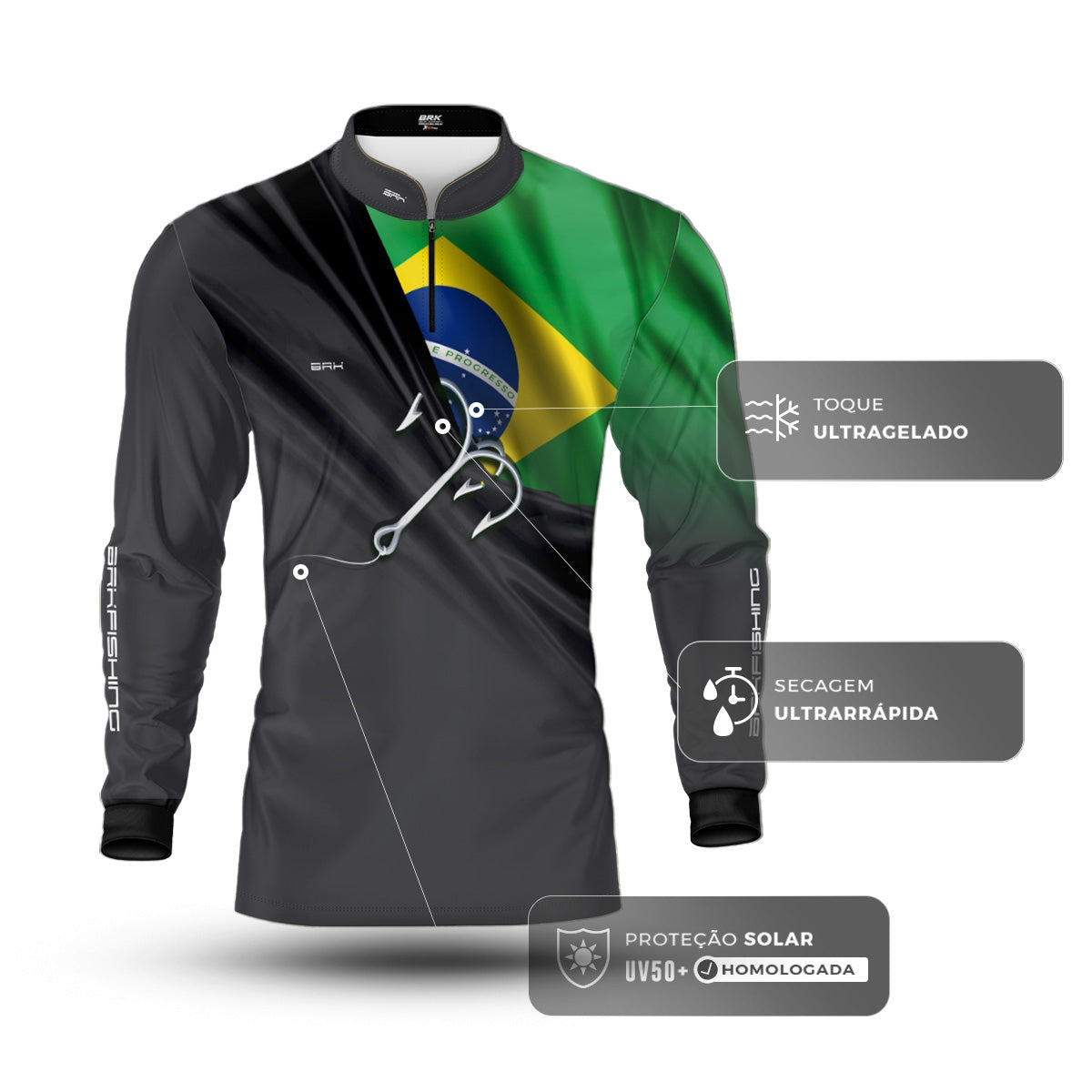 Camisa de Pesca Brk Cinza Bandeira do Brasil Garateia com Proteção UV50+