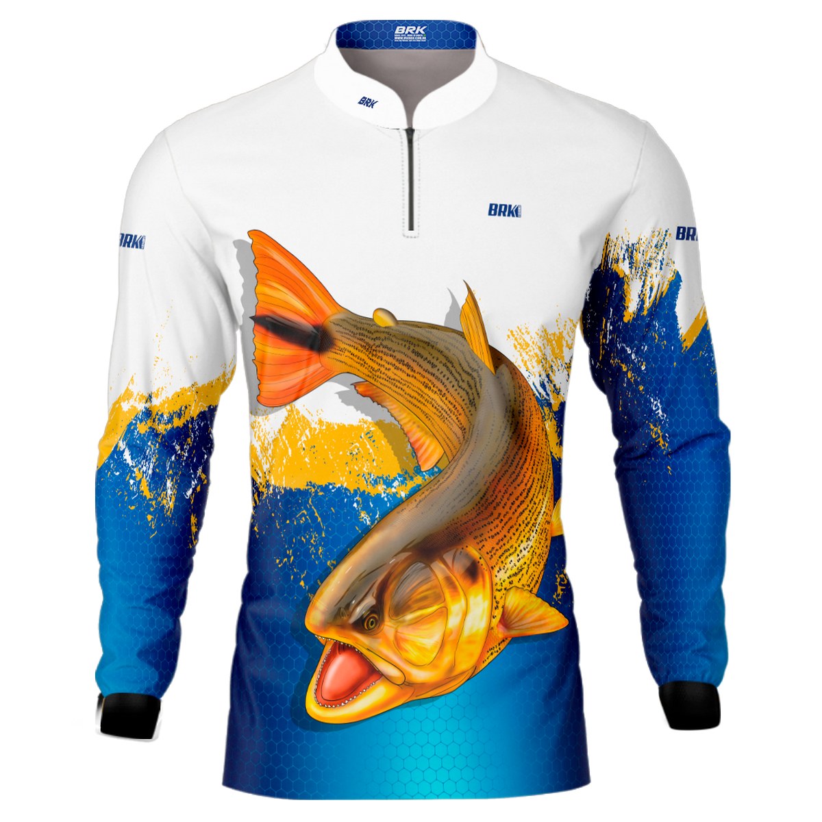 Camisa de Pesca Brk Azul e Amarelo Peixe Dourado com UV50+ - Brk Fishing
