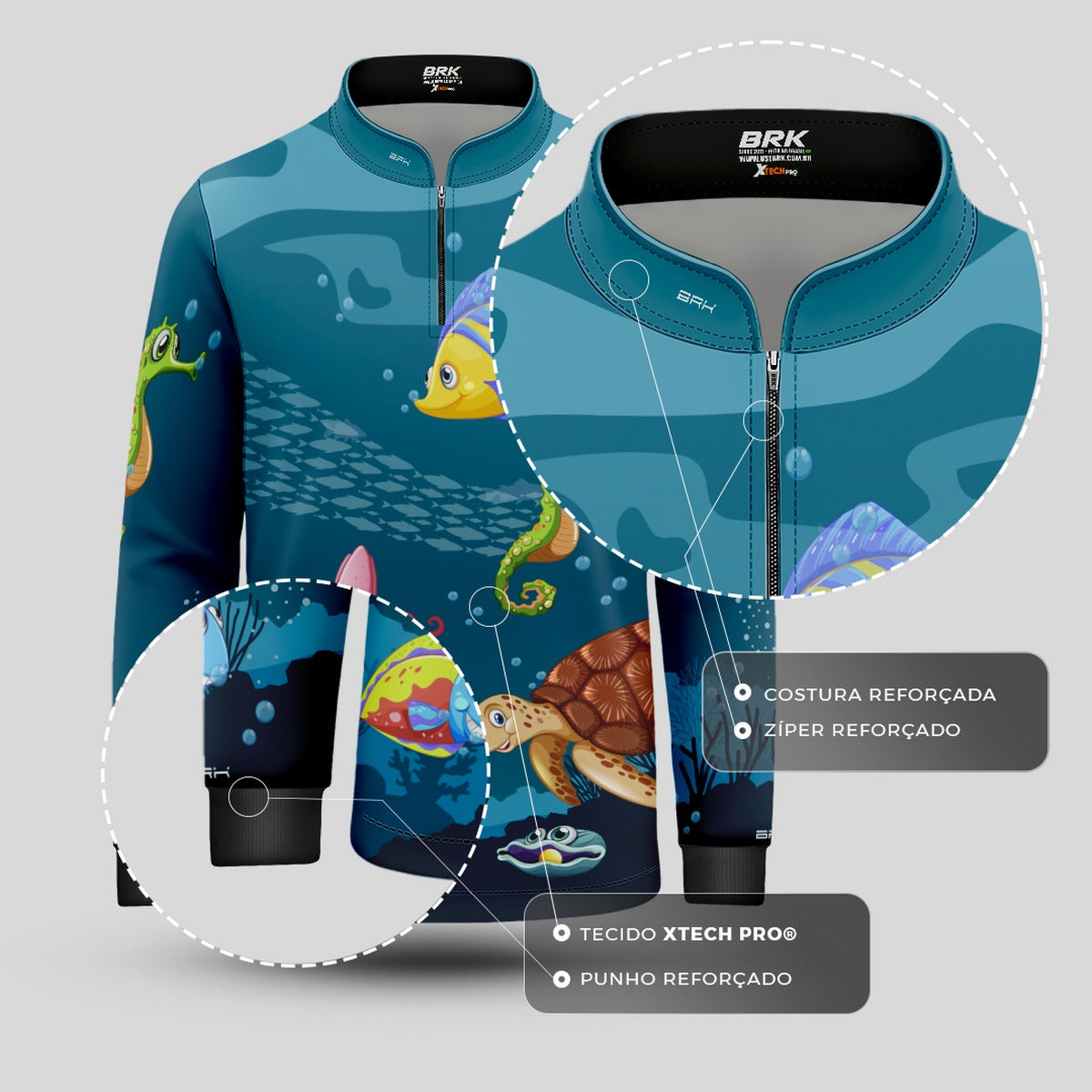 Camisa de Pesca Infantil Brk Animais Marinhos com UV50 + - Brk Fishing