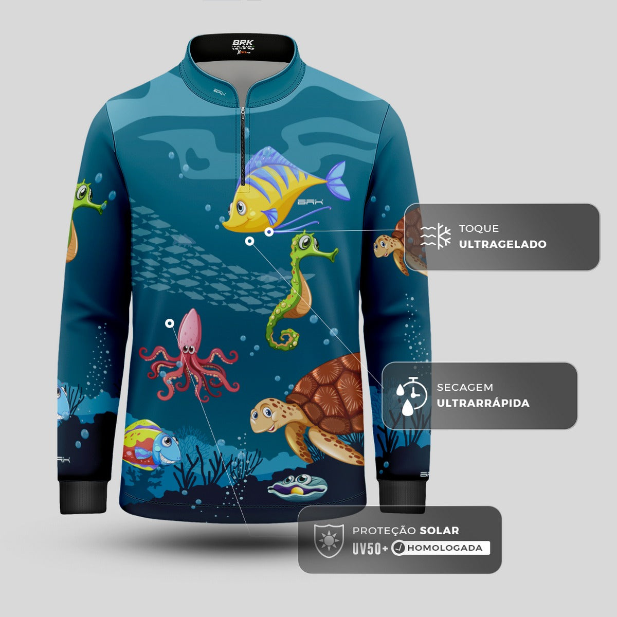 Camisa de Pesca Infantil Brk Animais Marinhos com UV50 + - Brk Fishing