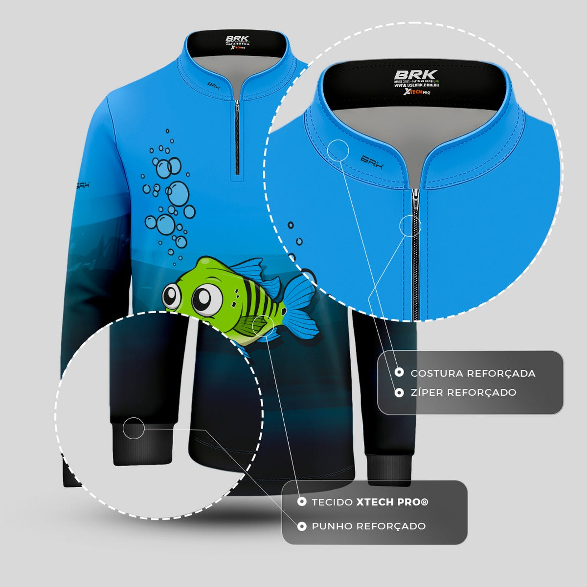 Camisa de Pesca Infantil Brk Tucuna Azul com UV50 + - Brk Fishing