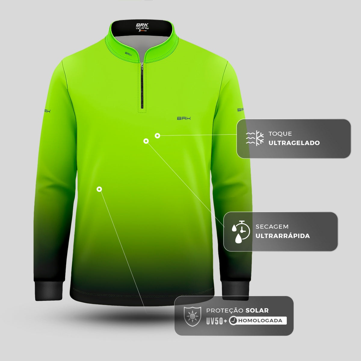 Camisa de Pesca Infantil Brk Verde Limão com UV50 + - Brk Fishing