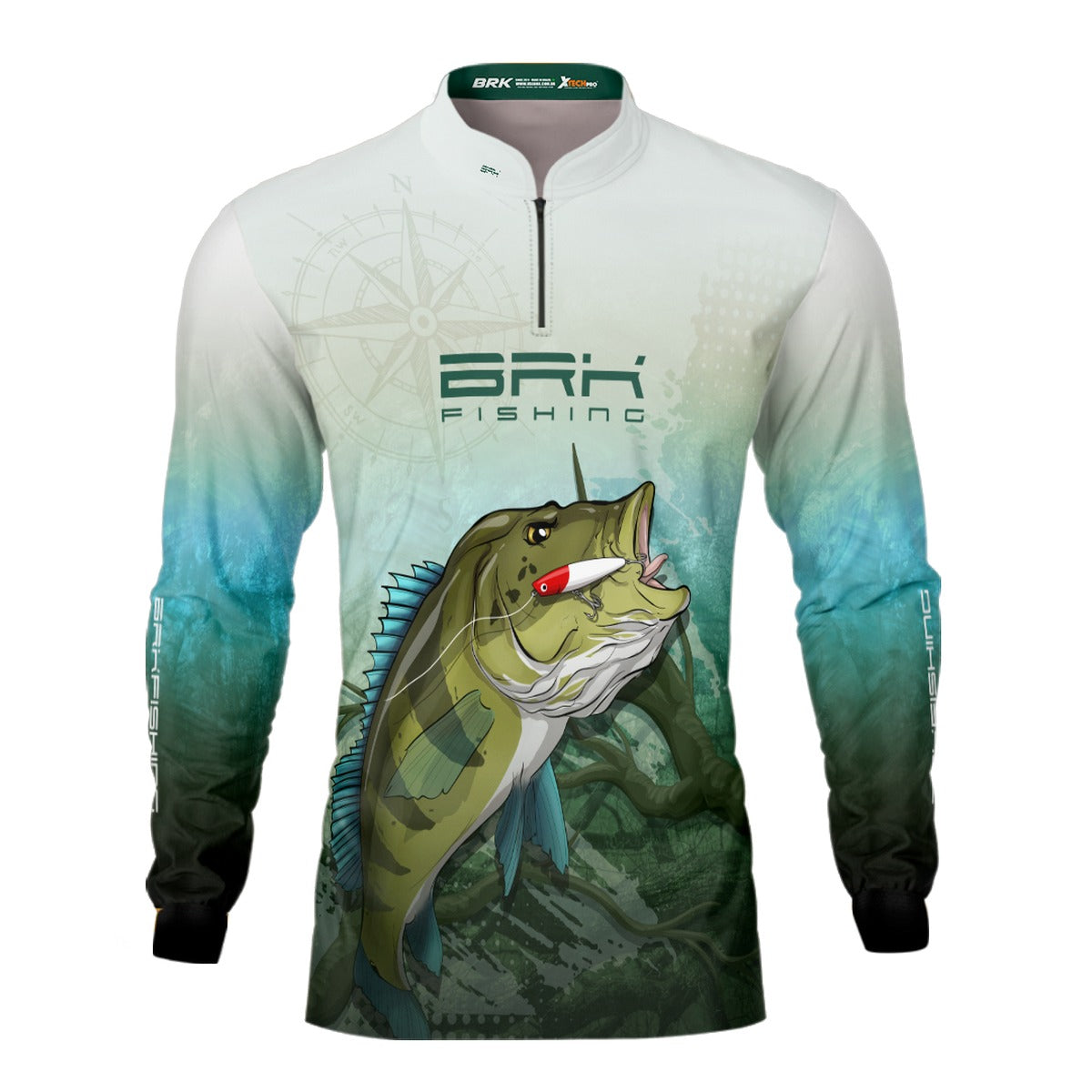 Camisa de Pesca Brk Branca e Verde Tucunaré Azul com UV50+ - Brk Fishing