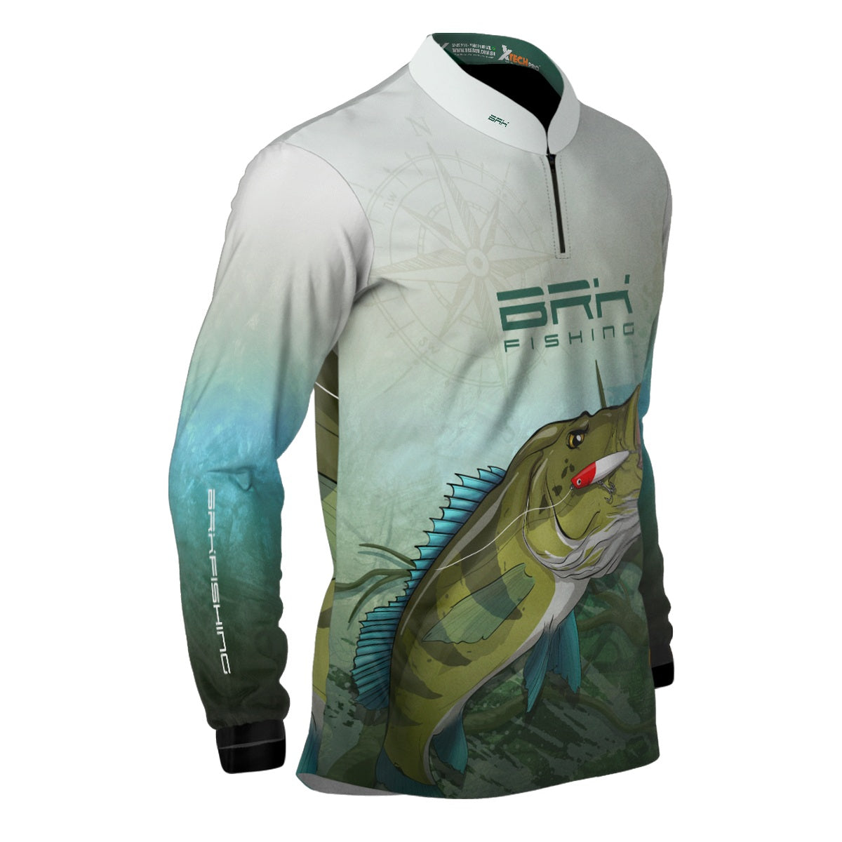 Camisa de Pesca Brk Branca e Verde Tucunaré Azul com UV50+ - Brk Fishing