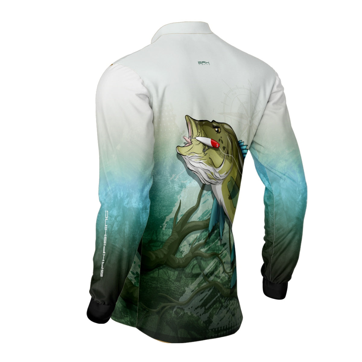 Camisa de Pesca Brk Branca e Verde Tucunaré Azul com UV50+ - Brk Fishing