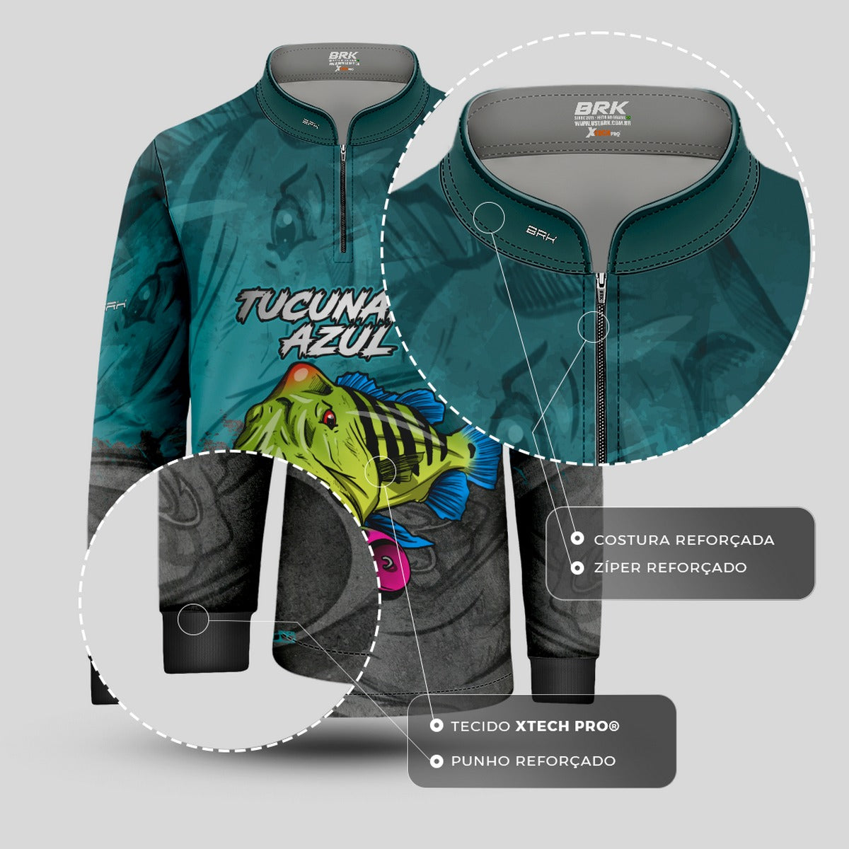 Camisa de Pesca Infantil Brk Tucunaré Azul Cinza com Proteção UV 50+ - Brk Fishing