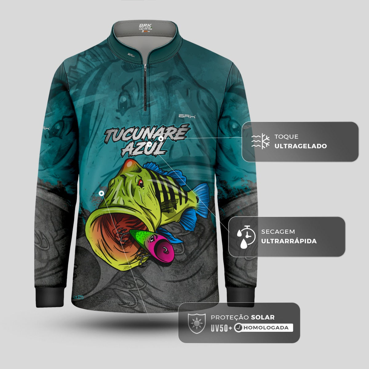 Camisa de Pesca Infantil Brk Tucunaré Azul Cinza com Proteção UV 50+ - Brk Fishing
