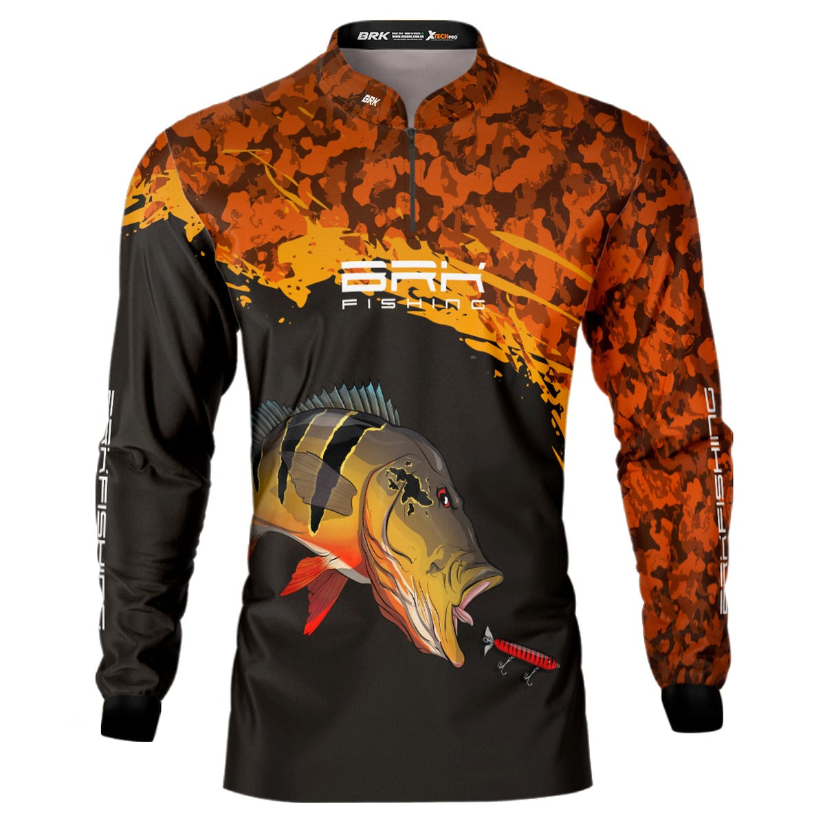 Camisa de Pesca Preta e Laranja Camo Brk Tucunaré Açu com UV50+ - Brk Fishing
