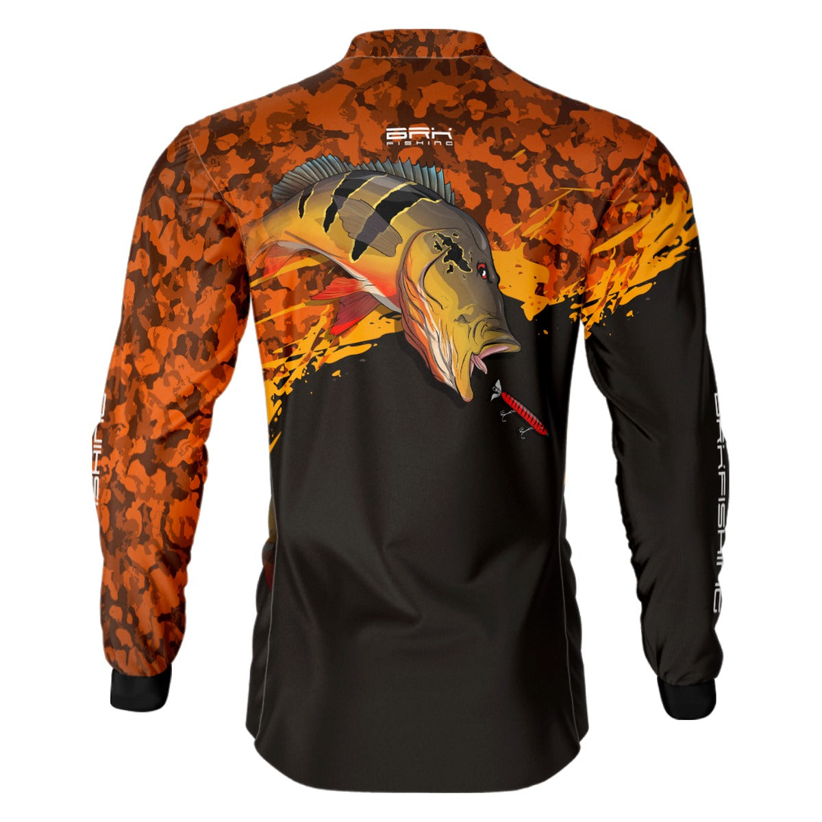 Camisa de Pesca Preta e Laranja Camo Brk Tucunaré Açu com UV50+ - Brk Fishing