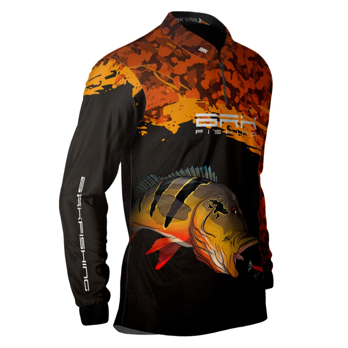 Camisa de Pesca Preta e Laranja Camo Brk Tucunaré Açu com UV50+ - Brk Fishing