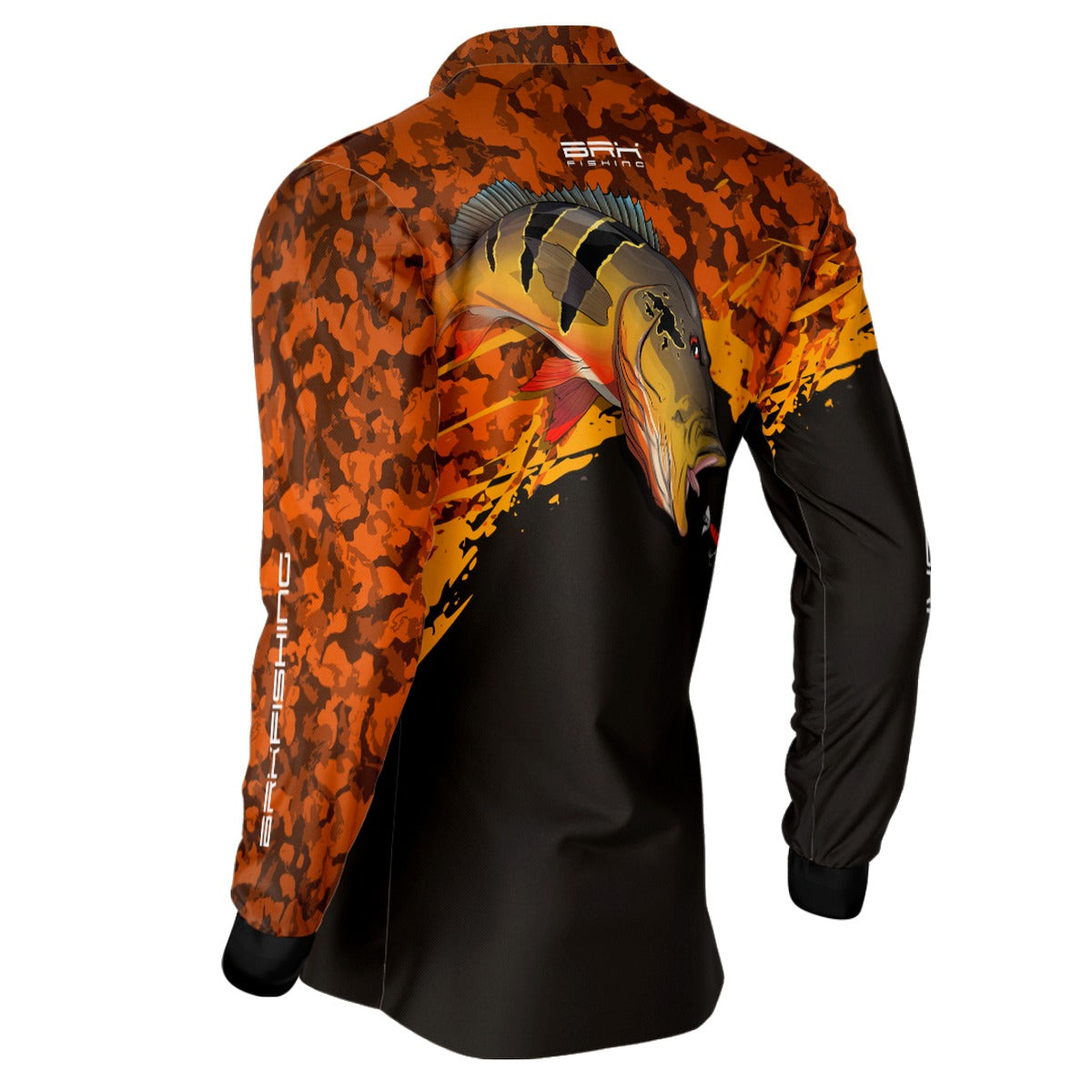 Camisa de Pesca Preta e Laranja Camo Brk Tucunaré Açu com UV50+ - Brk Fishing