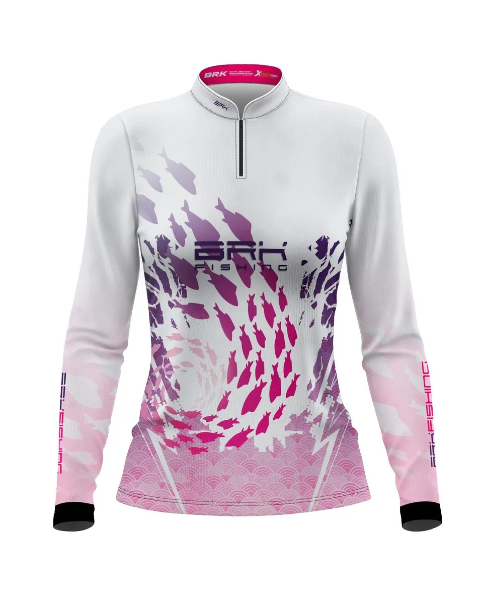 Camisa Feminina de Pesca  Brk Branca Cardume Rosa com Proteção UV50+ - Brk Fishing