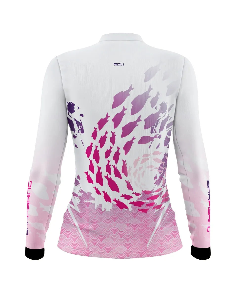 Camisa Feminina de Pesca  Brk Branca Cardume Rosa com Proteção UV50+ - Brk Fishing