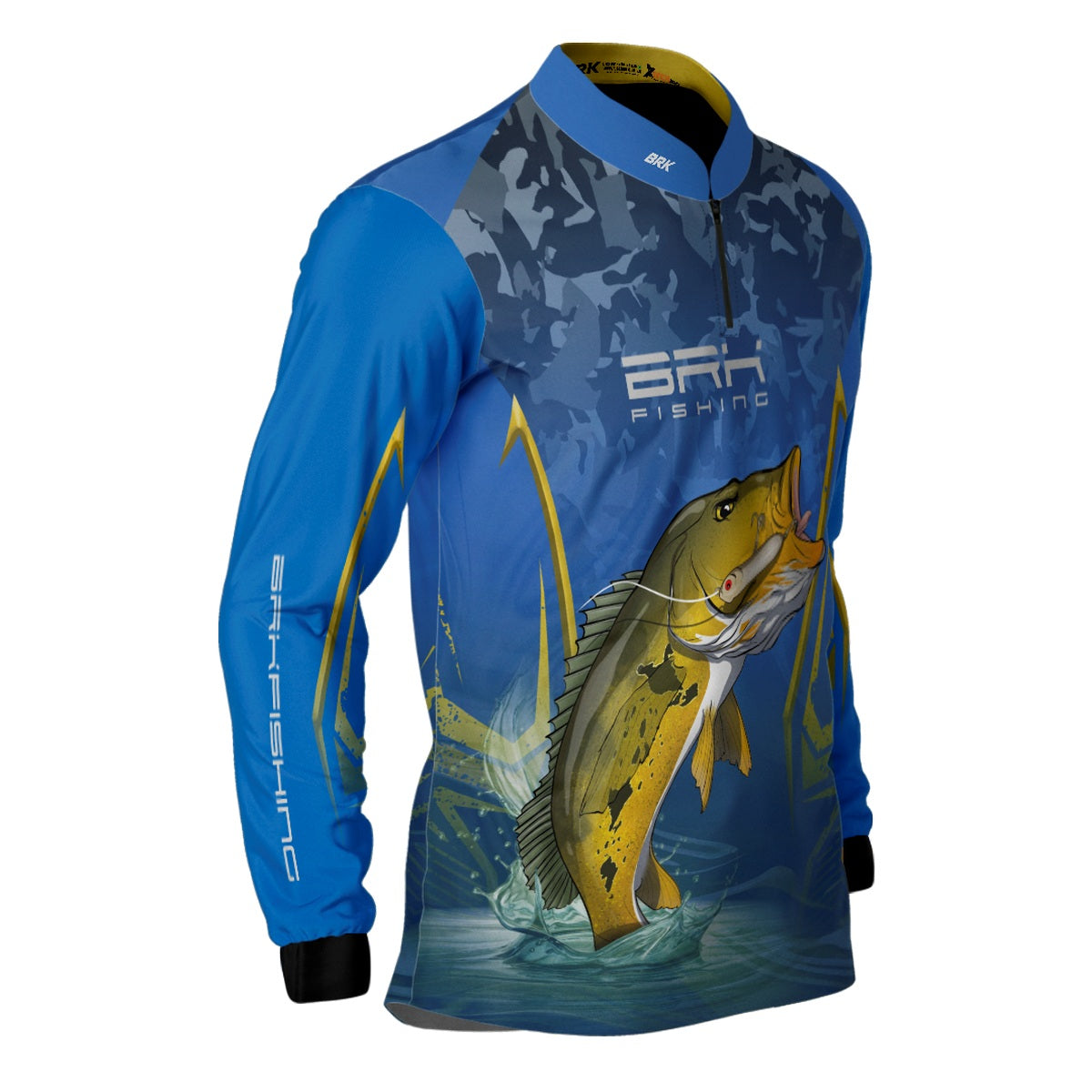 Camisa de Pesca Azul Escuro Brk Tucunaré Amarelo com UV50+ - Brk Fishing