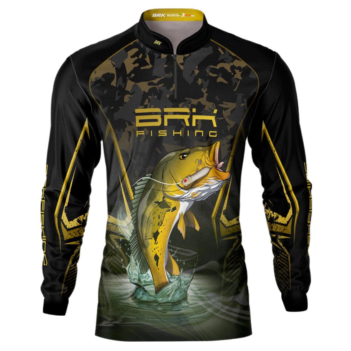 Camisa de Pesca Brk Preta Camo Tucunaré Amarelo com Proteção UV50+ - Brk Fishing