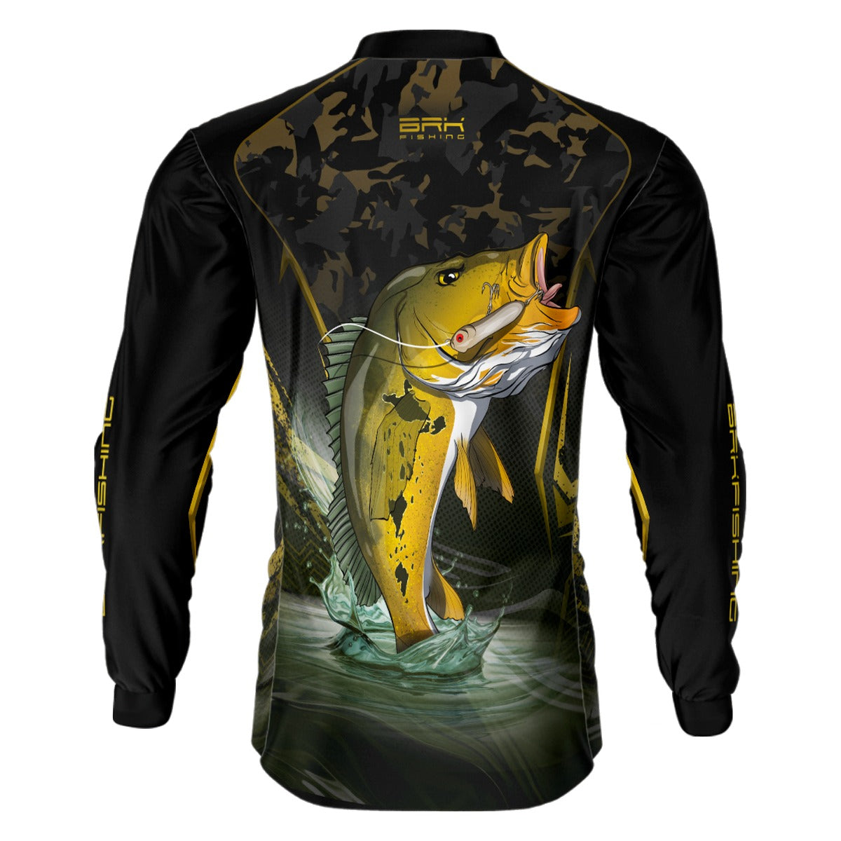 Camisa de Pesca Brk Preta Camo Tucunaré Amarelo com Proteção UV50+ - Brk Fishing