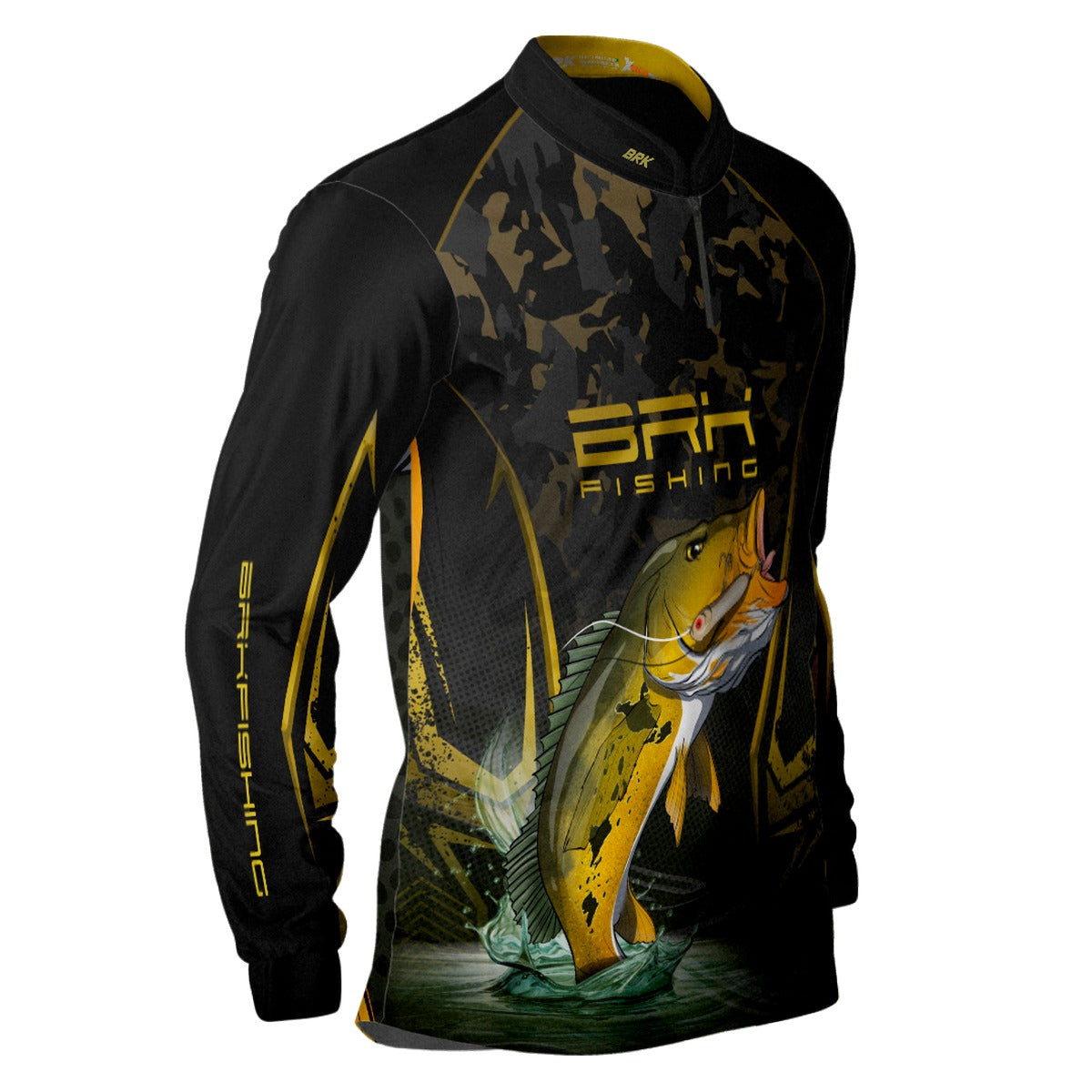 Camisa de Pesca Brk Preta Camo Tucunaré Amarelo com Proteção UV50+ - Brk Fishing