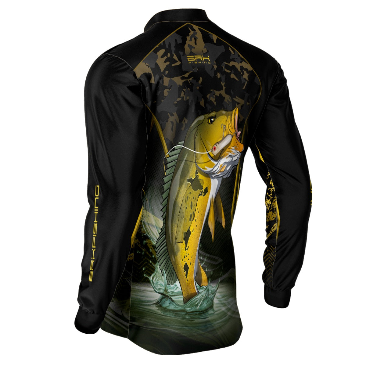 Camisa de Pesca Brk Preta Camo Tucunaré Amarelo com Proteção UV50+ - Brk Fishing