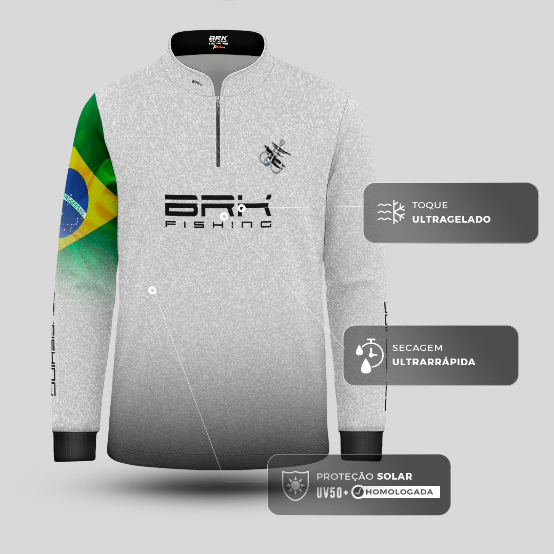 Camisa de Pesca Infantil Brk Branca Bandeira do Brasil Garateia com Proteção UV50+ - Brk Fishing