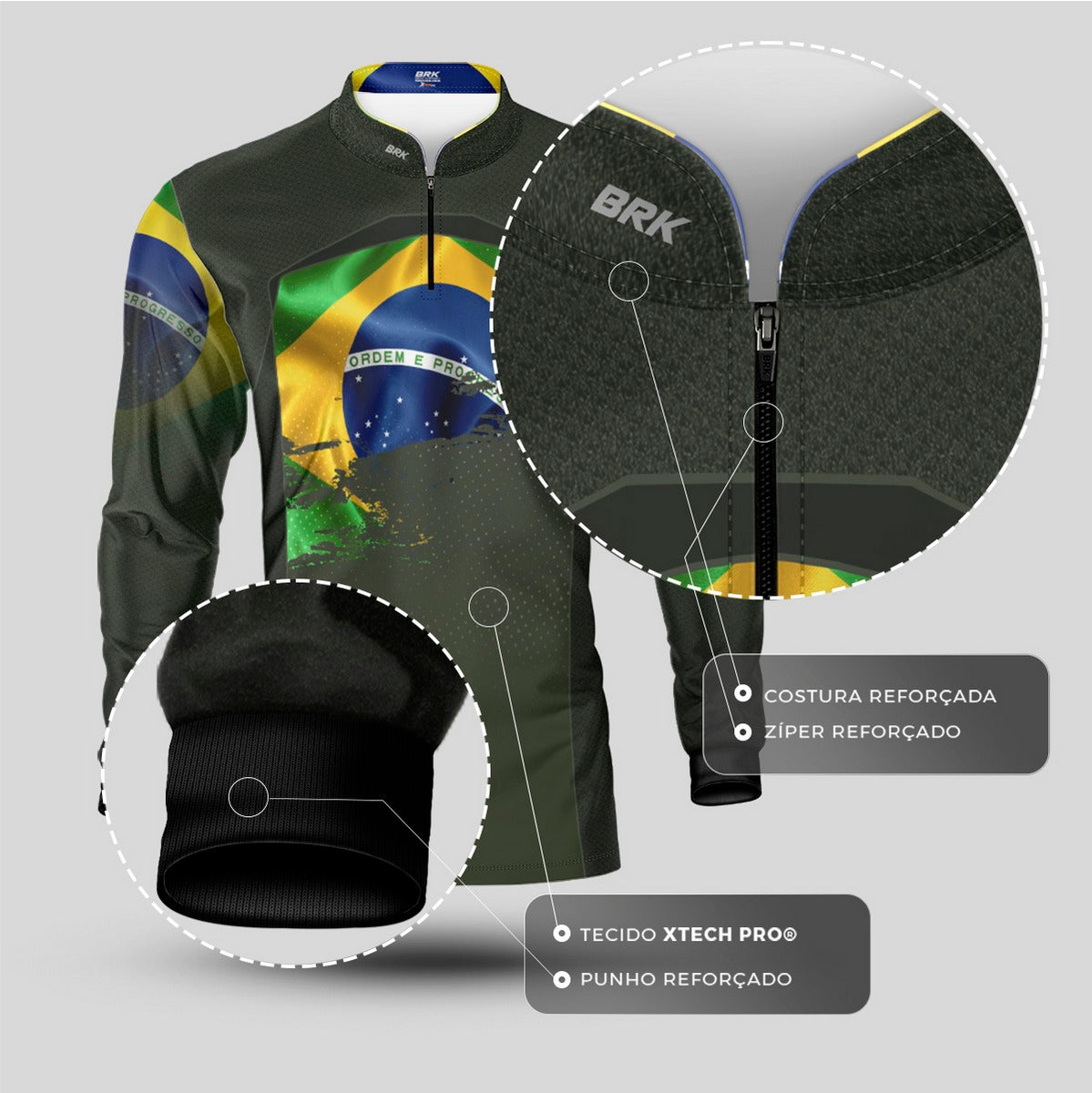 Camisa Agro Brk Brasil Verde Oliva com Proteção Solar UV50+ - Brk Fishing