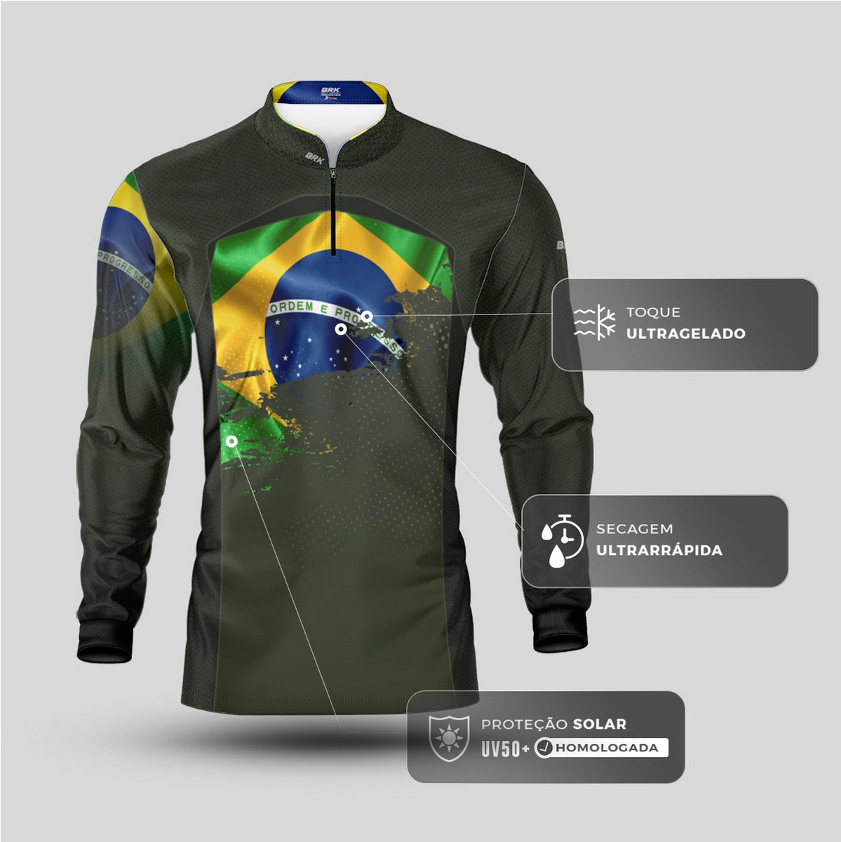 Camisa Agro Brk Brasil Verde Oliva com Proteção Solar UV50+ - Brk Fishing