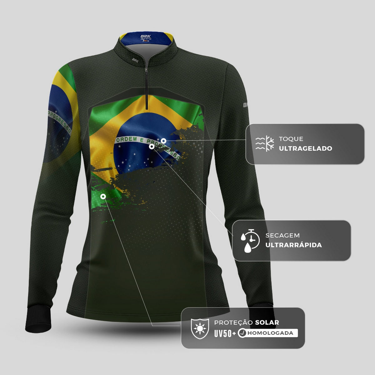 Camisa Agro Feminina Brk Brasil Verde Oliva com Proteção Solar UV50+ - Brk Fishing