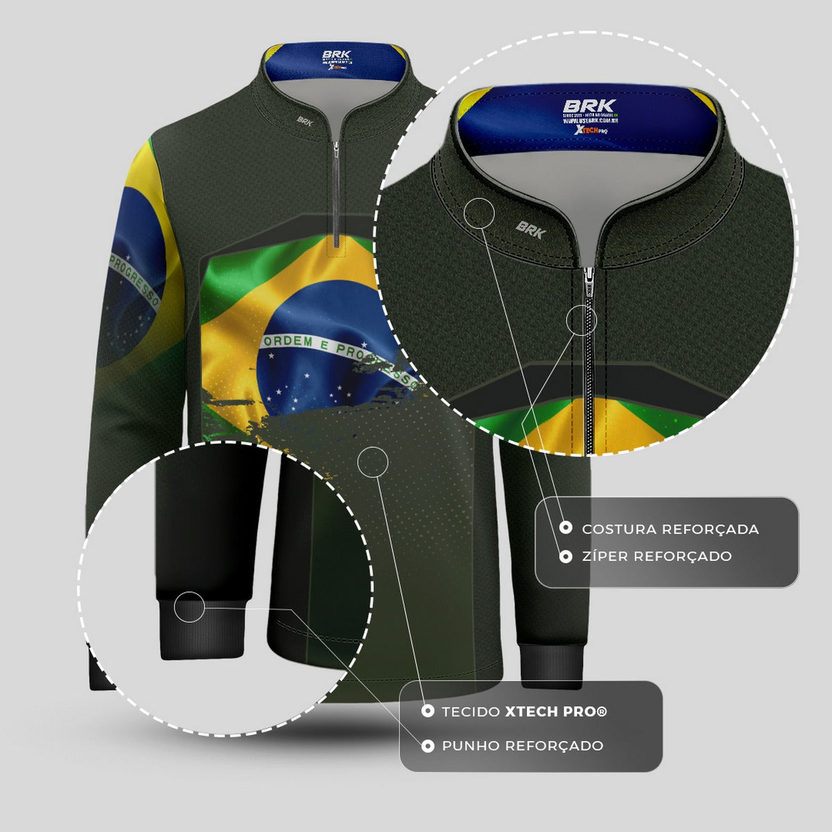 Camisa Agro Infantil Brk Brasil Verde Oliva com Proteção Solar UV50+ - Brk Fishing