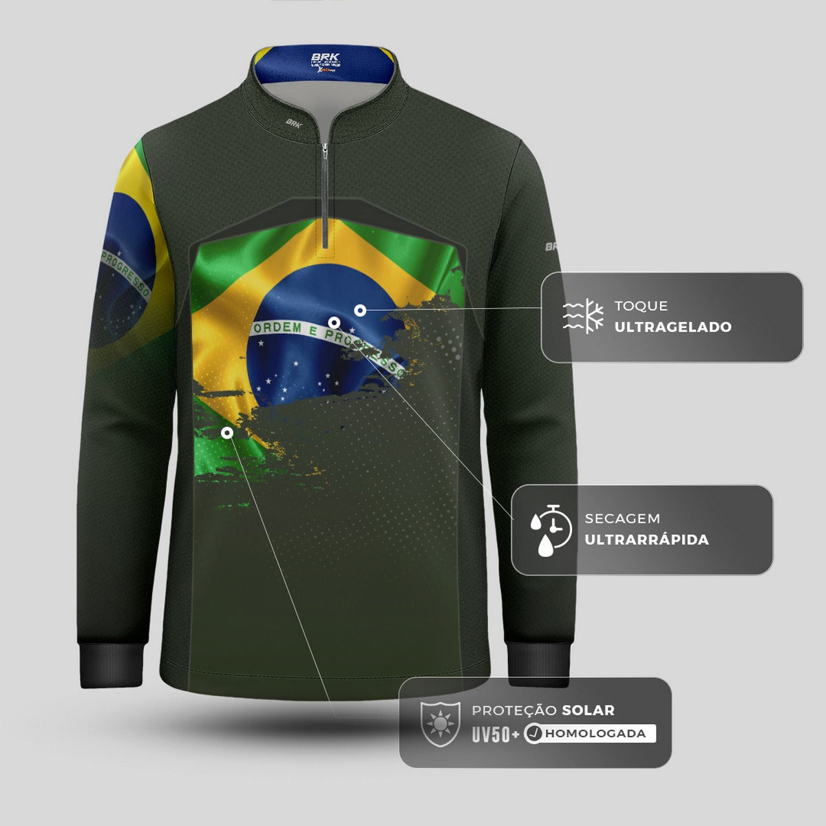 Camisa Agro Infantil Brk Brasil Verde Oliva com Proteção Solar UV50+ - Brk Fishing
