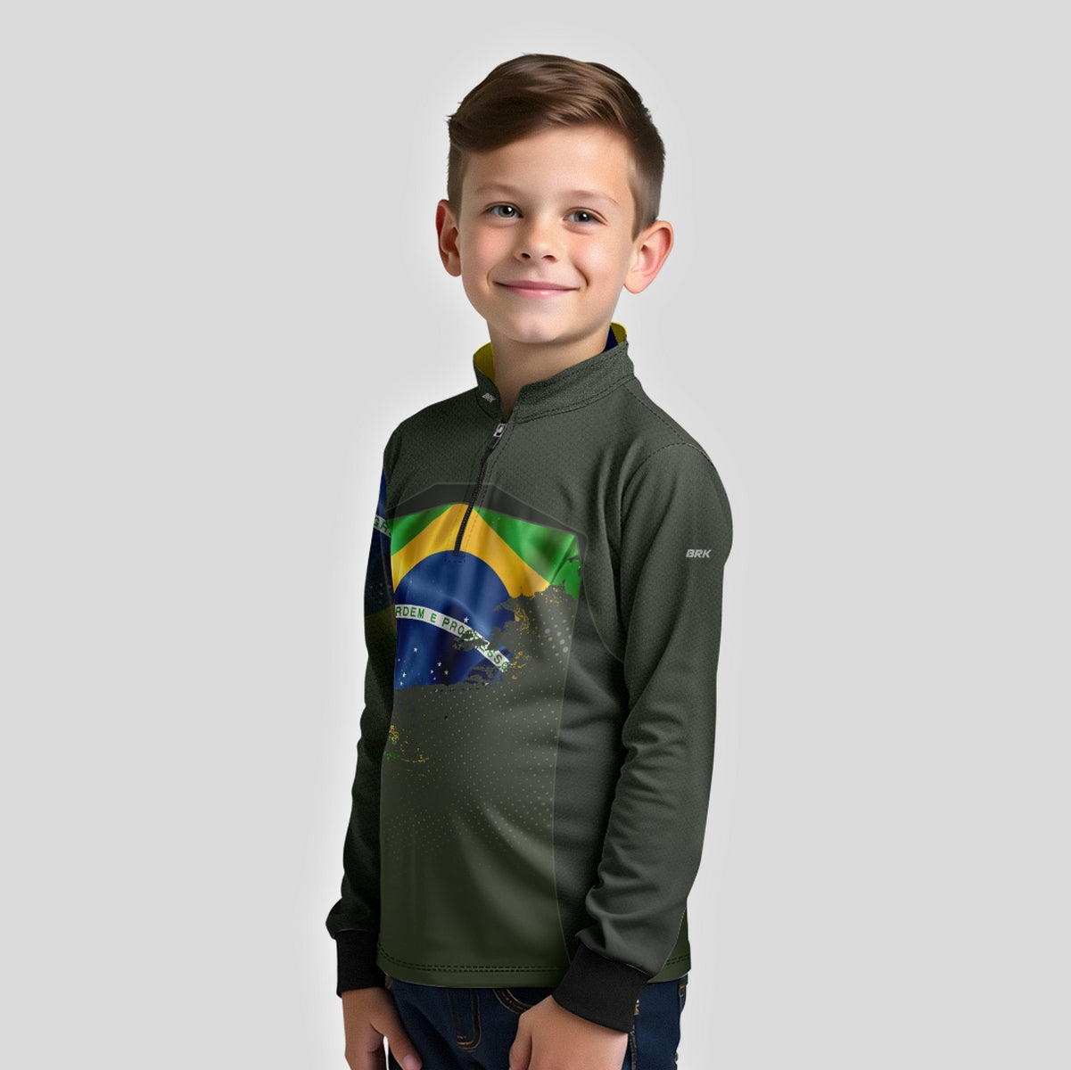 Camisa Agro Infantil Brk Brasil Verde Oliva com Proteção Solar UV50+ - Brk Fishing