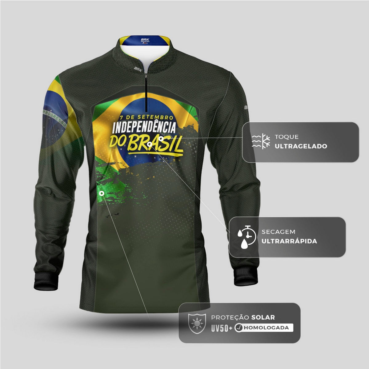 Camisa Agro Brk Independência do Brasil Verde Oliva com Proteção Solar UV50+ - Brk Fishing