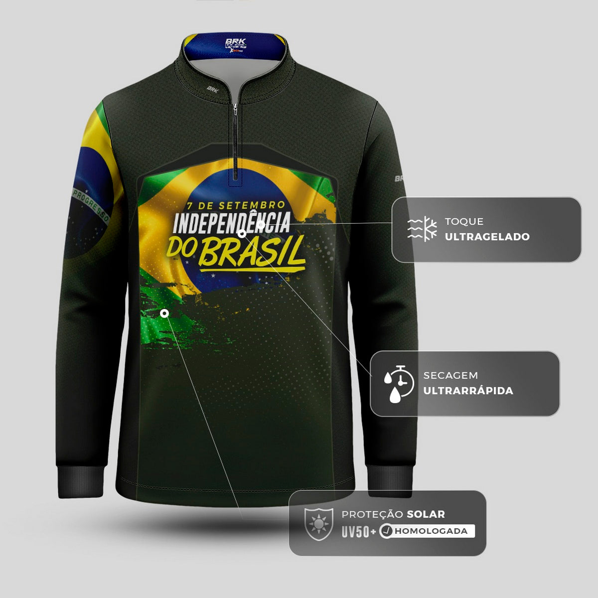 Camisa Agro Infantil Brk Independência do Brasil Verde Oliva com Proteção Solar UV50+ - Brk Fishing