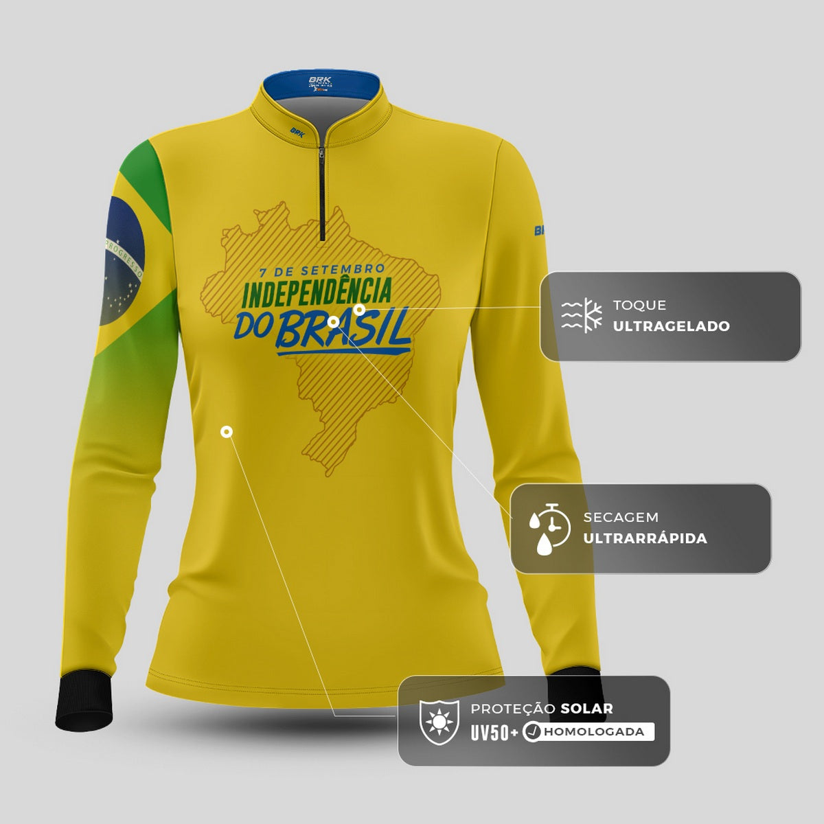 Camisa Agro Feminina Brk Independência Brasil Amarelo com Proteção Solar UV50+ - Brk Fishing