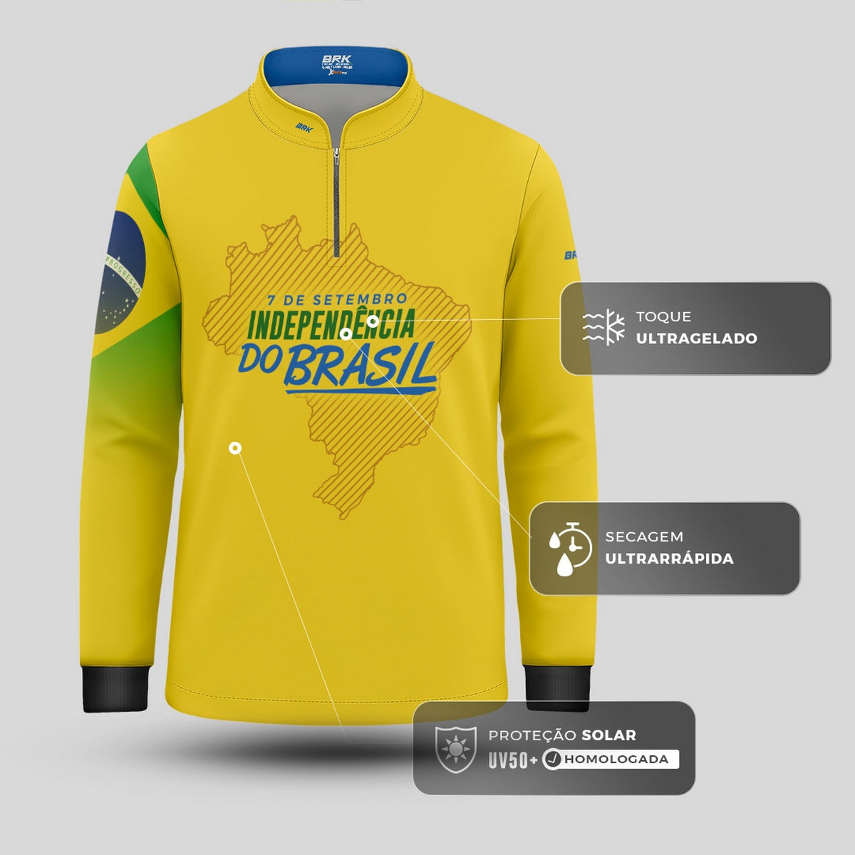 Camisa Agro Infantil Brk Independência Brasil Amarelo com Proteção Solar UV50+ - Brk Fishing