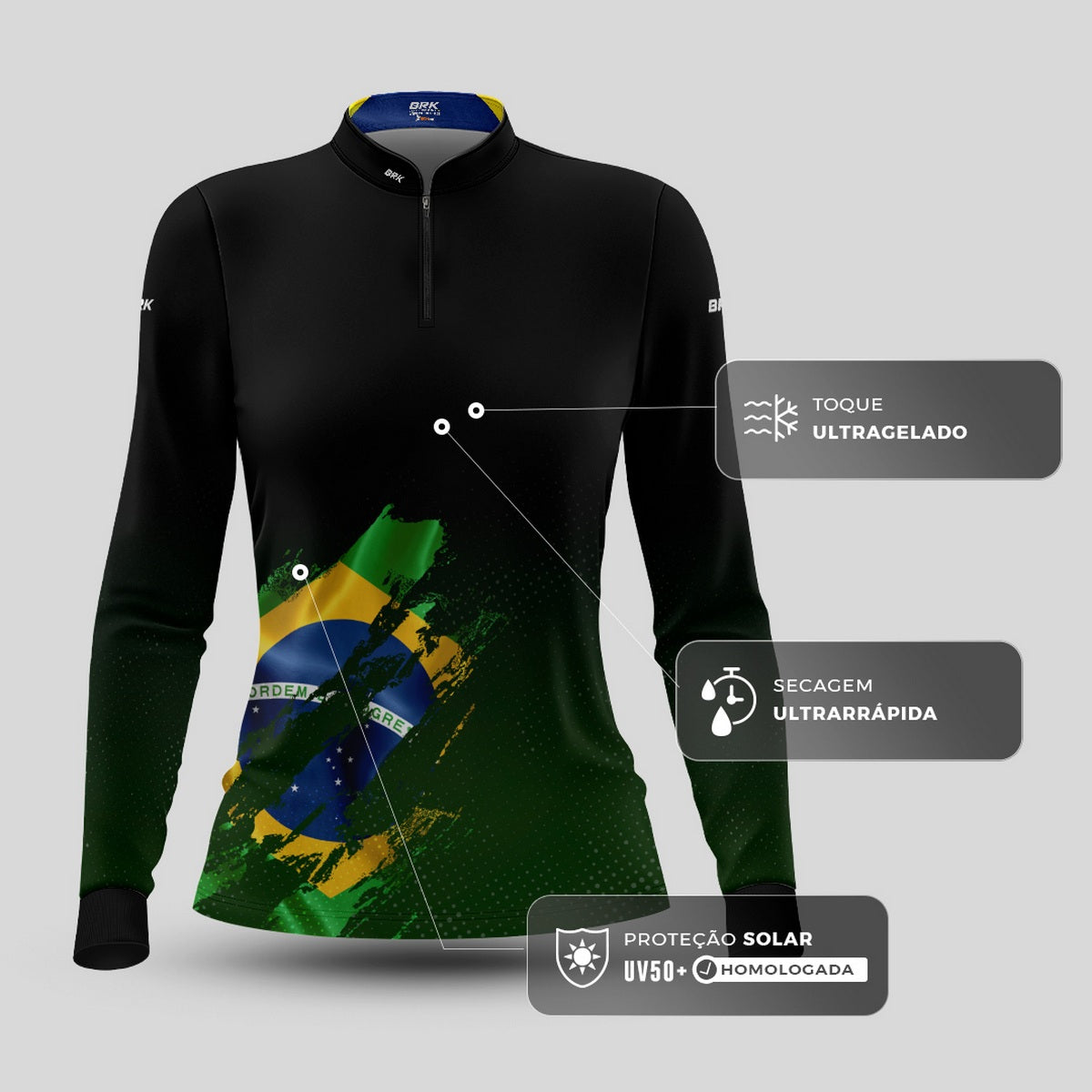Camisa Agro Feminina Brk Bandeira Brasil Lateral com Proteção Solar UV50+ - Brk Fishing