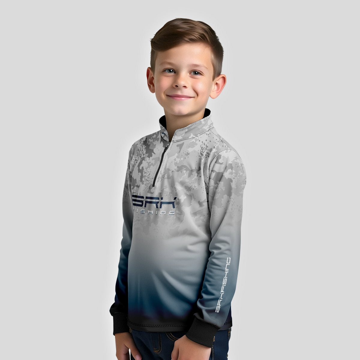 Camisa Infantil de Pesca Brk Cinza e Azul Camuflado com Proteção UV50+ t Brk Fishing