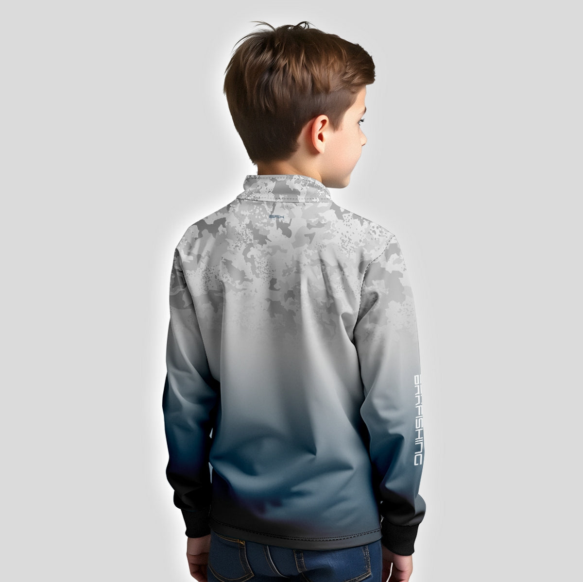 Camisa Infantil de Pesca Brk Cinza e Azul Camuflado com Proteção UV50+ t Brk Fishing