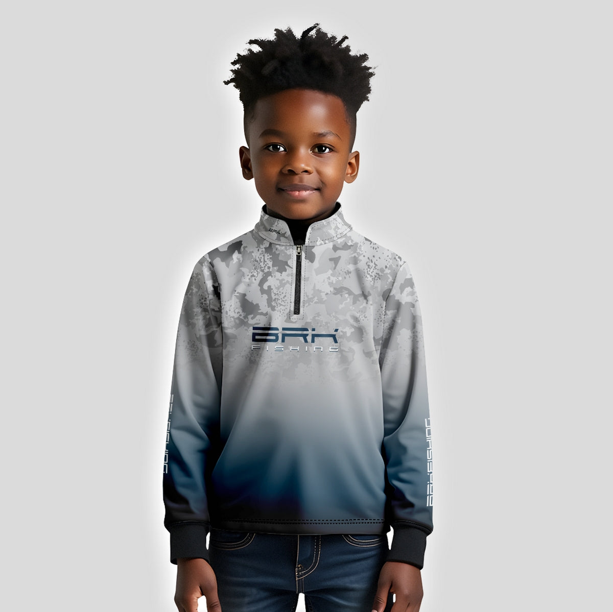 Camisa Infantil de Pesca Brk Cinza e Azul Camuflado com Proteção UV50+ t Brk Fishing