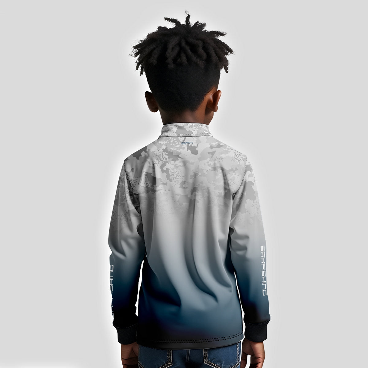 Camisa Infantil de Pesca Brk Cinza e Azul Camuflado com Proteção UV50+ t Brk Fishing