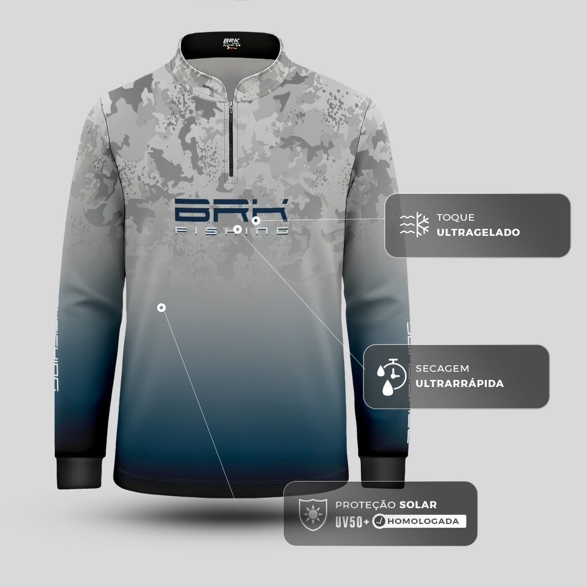 Camisa Infantil de Pesca Brk Cinza e Azul Camuflado com Proteção UV50+ t Brk Fishing