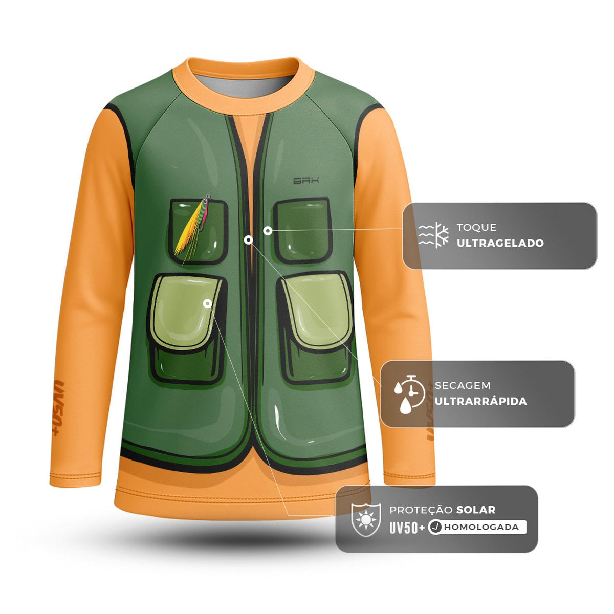 Camisa de Pesca Kids Brk Laranja Pequeno Pescador com Proteção UV50 - Brk Fishing