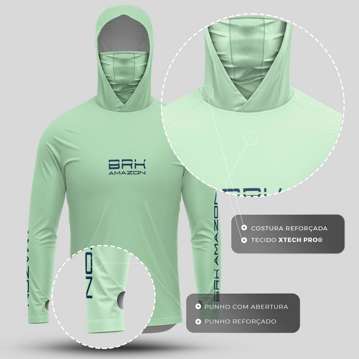 Camisa FusionX Brk Tucunaré Clean Verde Claro com Capuz e Proteção UV50+ - Brk Fishing