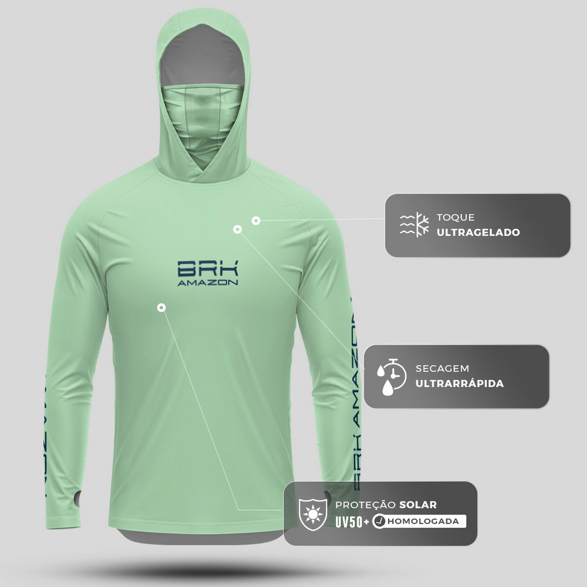 Camisa FusionX Brk Tucunaré Clean Verde Claro com Capuz e Proteção UV50+ - Brk Fishing