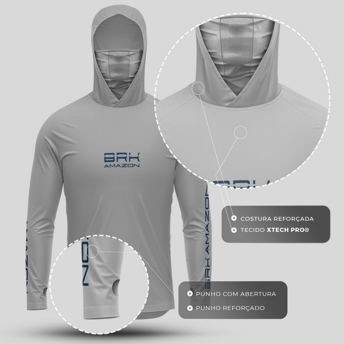 Camisa FusionX Brk Tucunaré Clean Cinza com Capuz e Proteção UV50+ - Brk Fishing